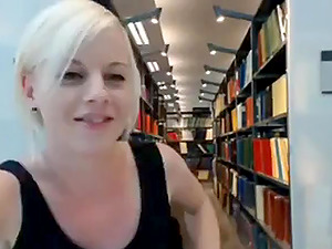 Blonde is playing with her pussy after working in a public library
