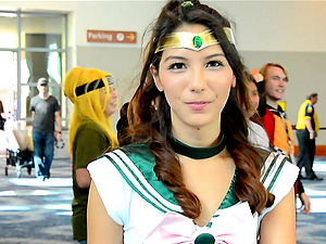 Brunette cosplay model Melody flashes her ass and pussy in public