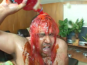 Food fetish session with Mira Luxe sucking a fat guy's small dick